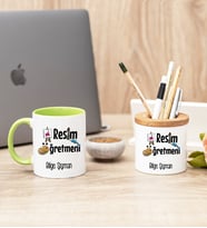 Resim Öğretmeni Yeşil Kupa Bardak Ve Kalemlik Hediye Seti