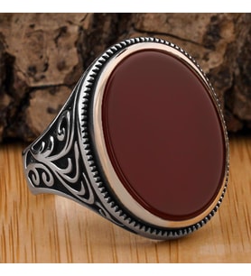 925 Ayar Gümüş Düz Akik Taşlı Oval Model Yüzük