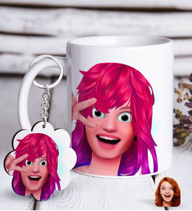 BK Gift Kişiye Özel Kadın Animasyon Karikatürlü Beyaz Kupa ve Anahtarlık Hediye Seti-10 (Model 1)