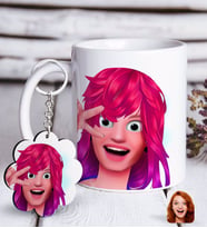BK Gift Kişiye Özel Kadın Animasyon Karikatürlü Beyaz Kupa ve Anahtarlık Hediye Seti-10 (Model 1)