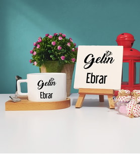 Gelin Tasarımlı Kişiye Özel Gelin Ahşap Altlıklı Fincan ve Dekoratif Taş Baskı Hediye Seti