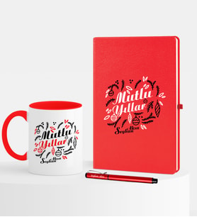 BK Gift Kişiye Özel Yılbaşı Mutlu Yıllar Temalı Kırmızı Defter Kalem Kupa Seti - 5