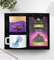 Kişiye Özel Harf Tasarımlı Kupa & Godiva Çikolata & Beta Tea Karışık Meyve Bitki Çayı Hediye Seti