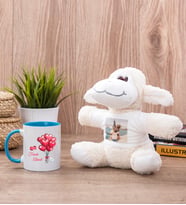 Sevgililere Özel Balon Tasarım Mavi Kupa Bardak ve Peluş Koyun
