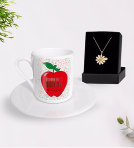 BK Gift Kişiye Özel Dünyanın En İyi Öğretmeni Türk Kahvesi Fincanı ve İsimli Papatya Kolye Hediye Seti-11 (Model 1)