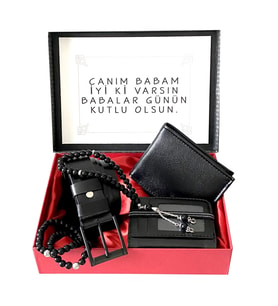 Erkek Siyah Cüzdan-Kemer-Kartlık-2 Adet Oniks Taşlı Bileklik-Tesbih (Lacivert)