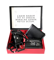 Erkek Siyah Cüzdan-Kemer-Kartlık-2 Adet Oniks Taşlı Bileklik-Tesbih (Lacivert)