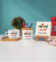 Endüstri Mühendisi Ahşap Altlıklı Fincan Kalemlik ve Dekoratif Taş Baskı Seti