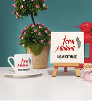 İcra Müdürü Türk Kahvesi Fincanı ve Dekoratif Taş Baskı Seti
