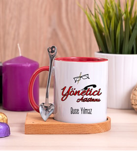 Yönetici Asistanı Ahşap Altlıklı Kırmızı Kupa Bardak