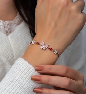 Papatya Silver Kelebek Papatya Uğur Böceği Bileklik Renkli Mineli Rose Gold Kaplama Gümüş