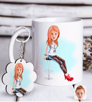 BK Gift Kişiye Özel Bayan Karikatürlü Beyaz Kupa ve Anahtarlık Hediye Seti-39 (Model 1)