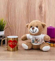Sevgiliye Hediye İsim Yazılı Kalpli Gold Kupa Bardak ve Peluş Ayıcık