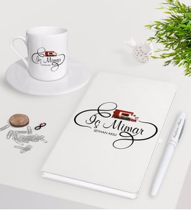 BK Gift Kişiye Özel İç Mimar Beyaz Defter Kalem Türk Kahvesi Fincanı Seti-2 (Model 1)