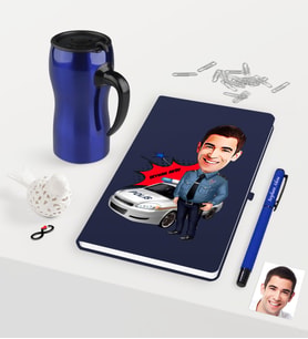BK Gift Kişiye Özel Trafik Polisi Karikatürlü Lacivert Defter Kalem Termos Mug Seti - 2 (Model 1)