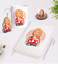 BK Gift Kişiye Özel Kadın Youtuber Karikatürlü Beyaz Defter Kalem Kupa ve Anahtarlık Hediye Seti-1 (Model 1)