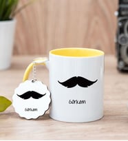 Erkeğe Hediye Bıyık Tasarım Sarı Kupa Bardak Ve Anahtarlık Set