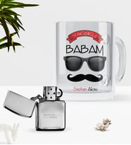 BK Gift Kişiye Özel Yakışıklı Babam Cam Kupa Bardak Benzinli Metal Çakmak Seti-5 (Model 1)