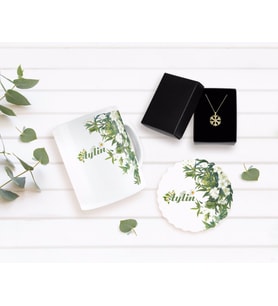 BK Gift Kişiye Özel Papatya Temalı Kupa Bardak Altlığı ve Kar Tanesi Kolye Seti-5 (Model 1)