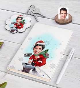 BK Gift Kişiye Özel Erkek Yeni Yıl Karikatürlü Beyaz Defter Kalem ve Anahtarlık Hediye Seti-2 (Model 1)