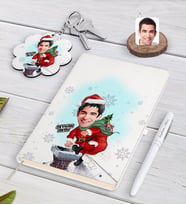 BK Gift Kişiye Özel Erkek Yeni Yıl Karikatürlü Beyaz Defter Kalem ve Anahtarlık Hediye Seti-2 (Model 1)