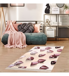 Elmas Desenli Diamond Dijital Baskı Yıkanabilir Kaymaz Taban Modern Salon Halısı Yolluk (Pembe)