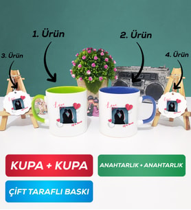 İkili Yeşil Lacivert Sevgiliye Sevgililer Günü Hediyesi 7 Kupa Bardak Anahtarlık
