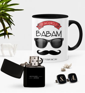 BK Gift Kişiye Özel Yakışıklı Babam Siyah Kupa Çakmak Kol Düğmesi Seti-5 (Model 1)