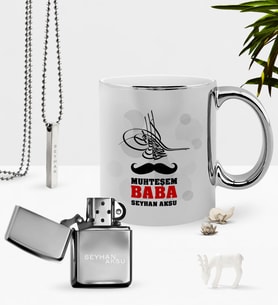 BK Gift Kişiye Özel Muhteşem Baba Krom Kupa Benzinli Çakmak Kolye Seti (Model 1)