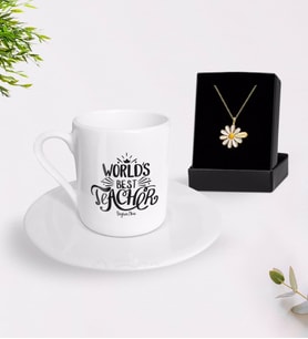 BK Gift Kişiye Özel Dünyanın En İyi Öğretmeni Türk Kahvesi Fincanı ve İsimli Papatya Kolye Hediye Seti-30 (Model 1)