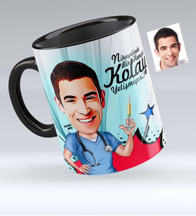 BK Gift Kişiye Özel Bay Hemşir Karikatürlü Siyah Kupa Bardak  1
