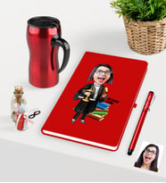 BK Gift Kişiye Özel Bayan Avukat Karikatürlü Kırmızı Defter Kalem ve Termos Mug Seti - 2 (Model 1)