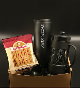 Kişiye Özel Siyah Kıvrımlı Termos& French Press& Colombian Filtre Kahve Hediye Seti