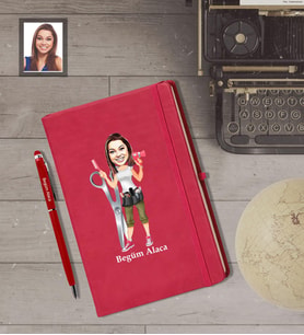 Kişiye Özel Kuaför Bayan Karikatürlü Kırmızı Defter Kalem Hediye Seti   Mod-1