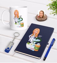 BK Gift Kişiye Özel Kadın Eczacı Karikatürlü Lacivert Defter Kalem Kupa 32gb USB Bellek Hediye Seti-2 (Model 1)