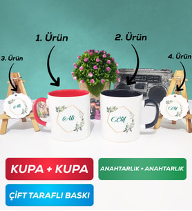 İkili Kırmızı Siyah Çiçek Tasarımlı İsme Özel Kupa Bardak Anahtarlık