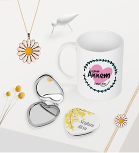 BK Gift Kişiye Özel Canım Annem Kupa Kalp Ayna Papatya Kolye Bileklik Seti - 10 (Model 1)