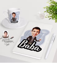 BK Gift Kişiye Özel Baba Karikatürlü Beyaz Defter Kalem Türk Kahvesi Fincanı Seti-1 (Model 1)
