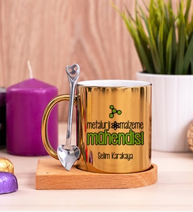 Metalurji ve Malzeme Mühendisi Ahşap Altlıklı Gold Kupa Bardak