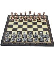 Metal Klasik Satranç Takımı Antik ve Ceviz Desenli MDF Ahşap Satranç Tahtası (37x37 cm.)