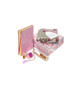 Özel Kadife Kaplı Sandık Kuranı Kerim Dini Hediyelik Set (Pembe)