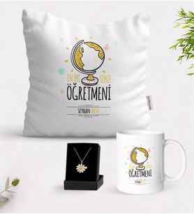 BK Gift Kişiye Özel En İyi Sınıf Öğretmeni Beyaz Kupa Yastık ve İsimli Papatya Kolye Hediye Seti-4 (Model 1)