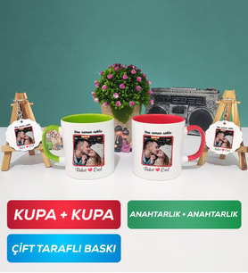 İkili Yeşil Kırmızı Sevgiliye Sevgililer Günü Hediyesi 9 Kupa Bardak Anahtarlık