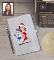 Kişiye Özel Yılbaşı Bayan Karikatürlü Gri Defter Kalem Hediye Seti Model-2