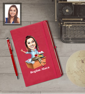 Kişiye Özel Öğretmen Karikatürlü  Kırmızı Defter Kalem Hediye Seti Bayan-2