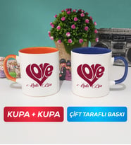 İkili Love Tasarımlı Sevgililer Günü Hediyesi Kupa Bardak Turuncu Lacivert