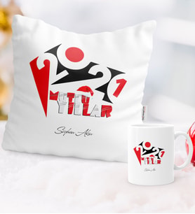 BK Gift Kişiye Özel Yılbaşı 2024 Mutlu Yıllar Temalı Yastık Kupa Seti - 3 (Beyaz)