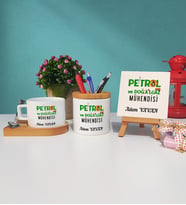 Petrol Ve Doğalgaz Mühendisi Ahşap Altlıklı Fincan Kalemlik ve Dekoratif Taş Baskı Seti