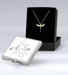 BK Gift Kişiye Özel İsimli Metal Kare Ayna ve Zirkon Taşlı Gold Melek Kolye Set, Sevgiliye Hediye, Arkadaşa Hediye
