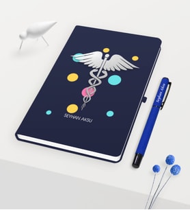 BK Gift Kişiye Özel Tıp Sembolü Temalı Lacivert Defter Kalem Seti - 1